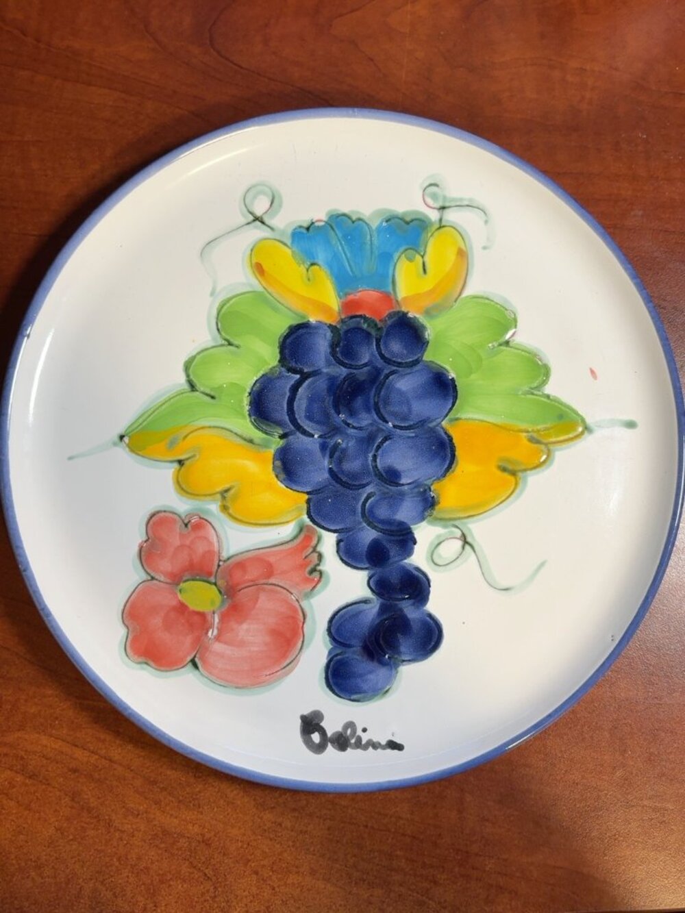 Vintage Italian Hand Painted Ceramic Plate Grapes Fruit Floral Signed Italy